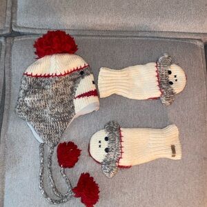 Sock Monkey Red and Gray Beanie Hat with Pom-Pom made by deLux